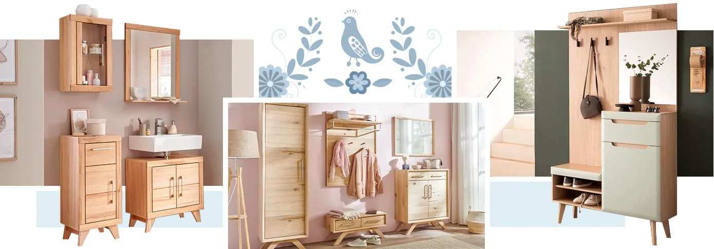Collage. Bild 1: Badezimmer mit Holz-Badmöbeln, bestehend aus Hängeschrank, Unterschrank, Spiegel, Waschbecken, Waschbeckenunterschrank, Deko. Bild 2: Flur mit Flurmöbeln aus Holz, bestehend aus Garderobenschrank, Garderobenpaneel, Garderobenbank, Schuhkommode, Spiegel, Kleidung, Deko. Bild3: Kompaktgarderobe in Beige und Holzoptik, Kleidung, Deko, in einem Flur mit Treppe
