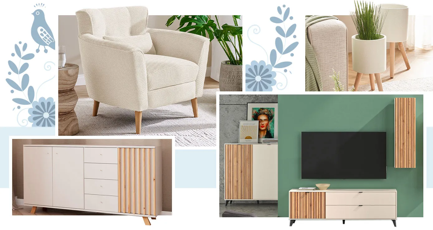 Collage. Bild 1: Cremefarbiger Sessel mit spitzen Holzfüßen in einem Wohnzimmer. Detail einer beigen Couch-Armlehne mit grüner Decke, 2 Pflanztöpfe in Creme mit Holzgestell. Bild 3: cremefarbiges Sideboard mit Holzakzenen. Bild 4: Wohnkombinaiton in Beige und Holzoptik vor grüner Wand, Deko.