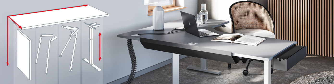 Eckschreibtisch mit grauer Platte und Kabelaufbewahrung, Illustration der 4 verschiedenen Gestellformen
