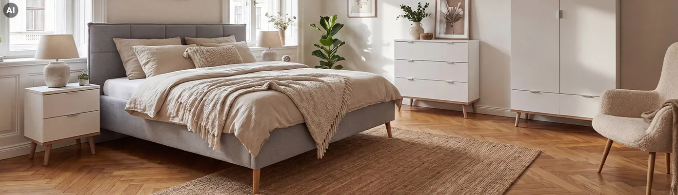 Schlafzimmer mit Skandi-Möbeln, weiße Nachtkommode, hellgraues Bett, weiße Kommode, weißer Schrank, alle mit Gestellen in Holzoptik, Naturteppich, Deko