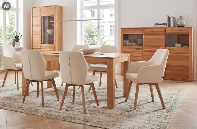 AI-generiertes Bild: Esszimmer mit Möbeln aus Holz, bestehend aus Esstisch mit weißen Polsterstühlen, Vitrine und Highboard im Esszimmer