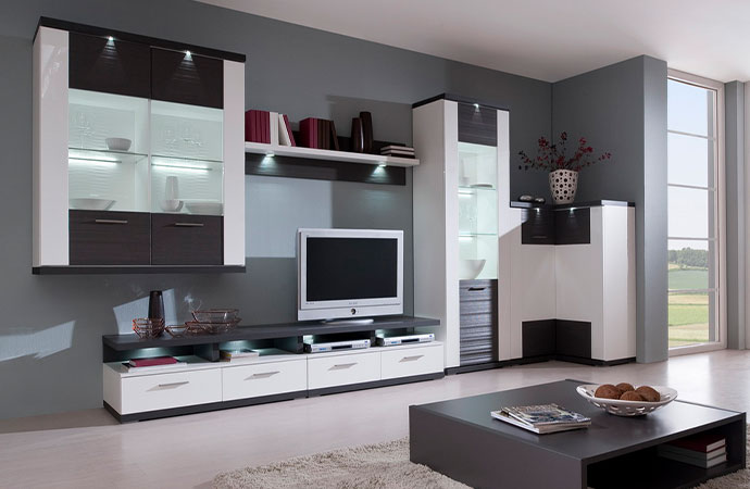 Wohnzimmer Serie in Weiß und Dunkelgrau, Akzentflächen mit Rillenstruktur