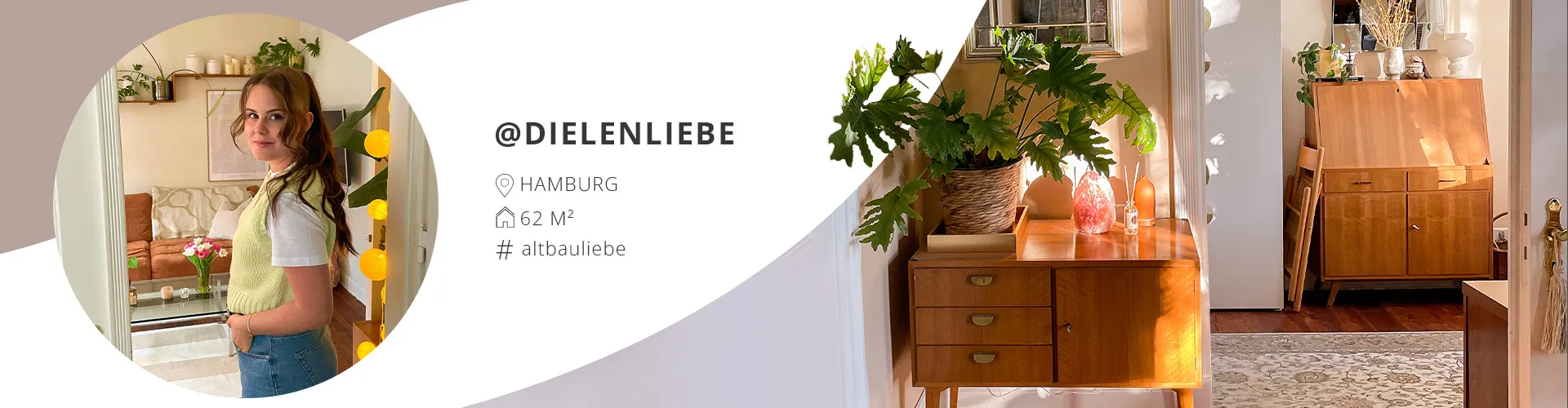 Anna steht im Wohnzimmer vor terracottafarbenem Sofa und Glas-Couchtisch und warme Lichterkette im Türrahmen, kleiner Holztisch mit Pflanze und Spiegel mit einem Bogen