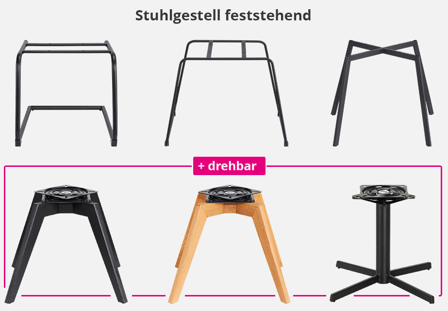 Übersicht der Stuhlgestelle. Stuhlgestell feststehend: 3 schwarze Metallgestelle – Freischwinger, 4-Fuß schmal, 4-Fuß breit. 3 drehbare Gestelle: 4-Fuß breit schwarz, 4-Fuß breit holzfarben, Kreuzgestell schwarz
