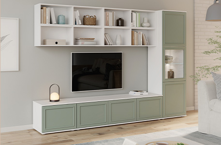Regalsystem EXACT in Form einer Wohnwand in Weiß und Salbei