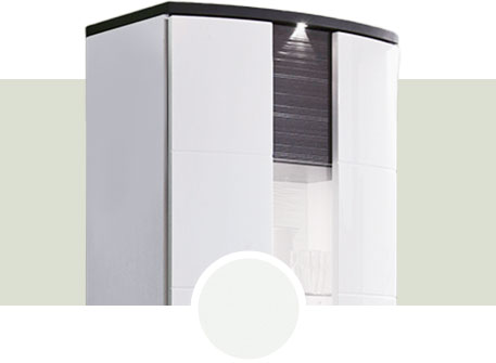 Weiße Vitrine mit Beleuchtung, Absetzungen in Anthrazit, Detailbild der weißes Farbe