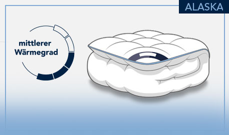 Alaska Ganzjahresdecke, mittlerer Wärmegrad, Zeichnung einer Ganzjahresdecke vor hellgrauem Hintergrund und hellblauen Akzenten