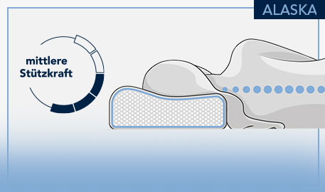 Alaska Kopfkissen, mittlere Stützkraft, Zeichnung eines Nackenstützkissens mit Person, die darauf liegt vor hellgrauem Hintergrund und hellblauen Akzenten