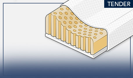 Zeichnung eines aufgeschnittenen Nackenstützkissens mit gelbem Kern vor hellgrauem Hintergrund mit blauen Akzenten