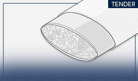 Zeichnung eines aufgeschnittenen Nackenstützkissens mit Kern aus Visco-Stäbchen vor hellgrauem Hintergrund mit blauen Akzenten