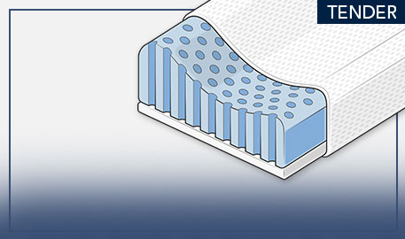 Zeichnung eines aufgeschnittenen Nackenstützkissens mit blauem Kern vor hellgrauem Hintergrund mit blauen Akzenten