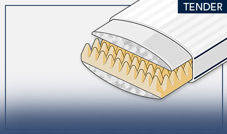 Zeichnung eines aufgeschnittenen Nackenstützkissens mit gelbem und grauem Kern vor hellgrauem Hintergrund mit blauen Akzenten
