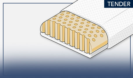 Zeichnung eines aufgeschnittenen Nackenstützkissens mit gelbem Kern vor hellgrauem Hintergrund mit blauen Akzenten