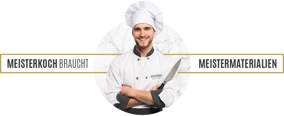 Meisterkoch braucht Meistermaterialien - Koch in weißer Koch-Kleidung mit verschränkten Armen vor weißem Marmor mit goldenem, rechteckigem Rahmen