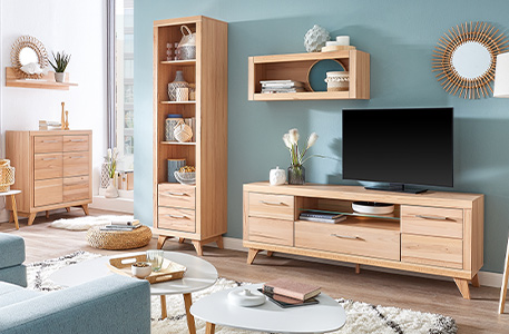 Wohnzimmermöbel Oslo in hellem Holz