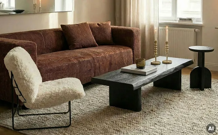 Einzelsofa mit terracotta-farbenen Cordstoff, Sessel mit schwarzem Gestell und beigem Fell, schwarzer rechteckiger Couchtisch in Holzoptik, Beistelltisch in rund und skulpturell in schwarz, zwei Kerzenständer mit Stabkerzen