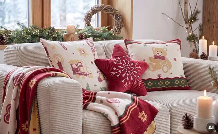 beiges Cordsofa mit Dekokissen und Decke mit traditionellen Weihnachtsmustern in rot, grün, creme