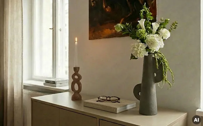 Lowboard mit grauer Vase in Steinoptik, Kerzenständer aus Holz