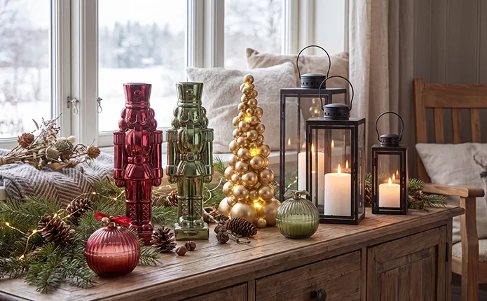 Rustikale Holzkommode mit Tannenzweigen, rotem und grünem Nussknacker als Dekofigur, drei Laternen in verschiedenen Größen, goldener LED-Tannenbaum aus Kugeln