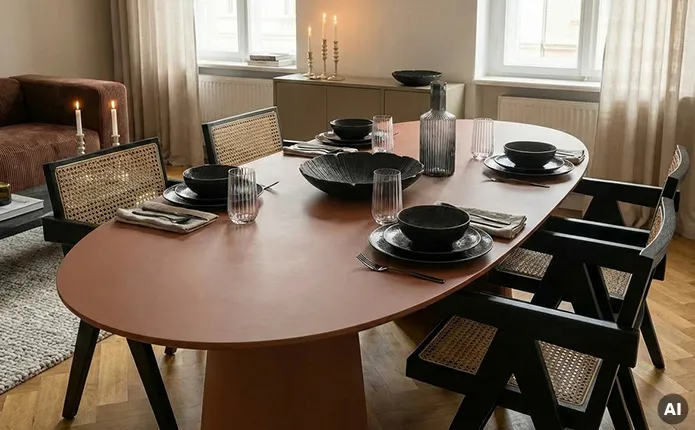 Ovaler Esstisch in terracotta, schwarze Esstische mit Rattangeflecht, schwarzes Geschirr und schwarze Dekoschale