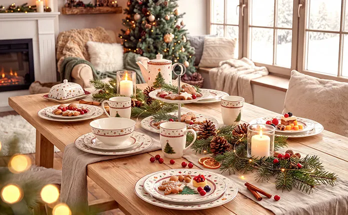 Festlich gedeckter Holztisch mit Weihnachtsgeschirr