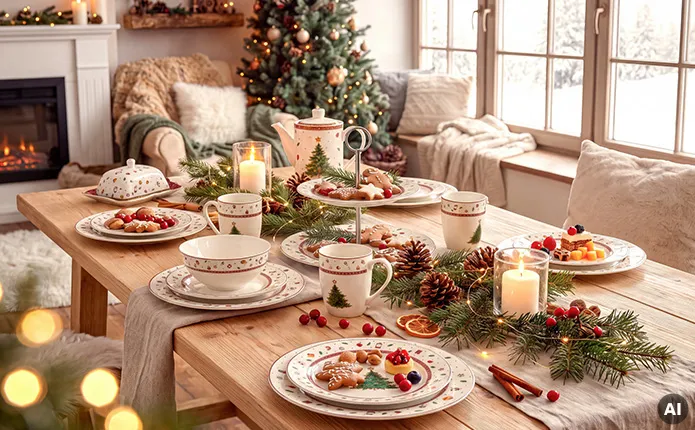 Festlich gedeckter Holztisch mit Weihnachtsgeschirr