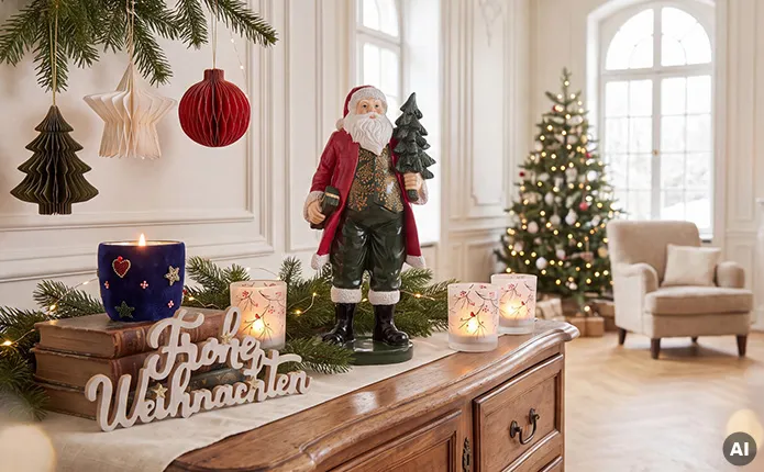 Dekofigur Weihnachtsmann sowie Weihnachtsteelichter auf Kommode