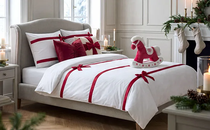 Graues Bett mit weißer Bettwäsche und roten Schleifen drauf, rotes Schleifenkissen, rotes Plüsch-Schaukelpferd