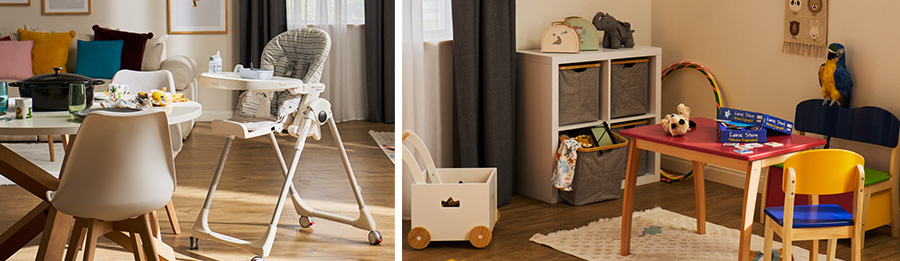 Esstisch mit Beistell-Kinderhochstuhl, kleine bunte Spielecke mit Raumtrenner zum Kisten verstauen