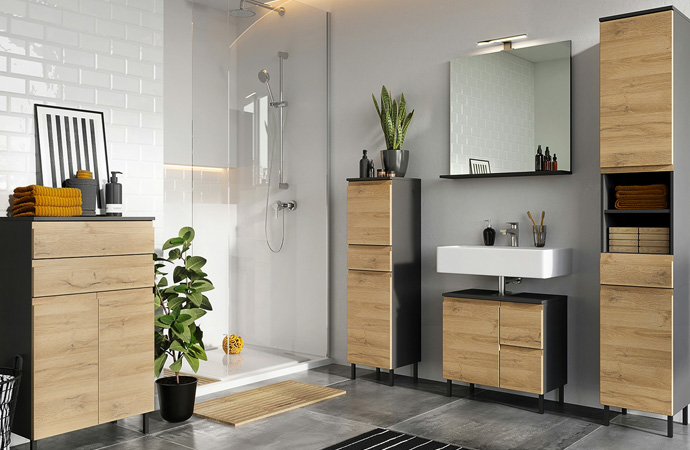 Grifflose Badmöbel in Holz-Optik und Graphit-Grau