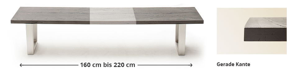 Sitzbank mit grauer Holz-Sitzfläche und Beinen in U-Form, silberfarben. Längenangabe 160 cm bis 220 cm. Profil der Sitzfläche mit gerader Kante