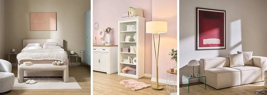 Collage Beispielbilder mit cremefarbenen und rosafarbener Wand