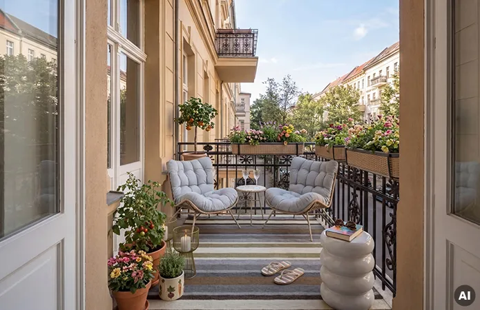 Balkon mit schwarzem Geländer und langen Rattan-Blumenkörben, gestreifter Teppich in Beige-Braun-Blautönen, Loungesessel-Set Bambus mit hellblauen Auflagen und kleinem Tisch, weißer runder Beistelltisch und grünes Windlicht