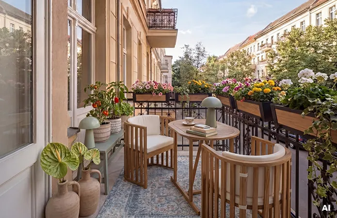 Balkon mit schwarzem Geländer und Balkonmöbel-Set aus Holz mit zwei runden Stühlen und Holzstäben, ovaler passender Tisch, LED-Tischleuchte in mint, Vintage Teppich mit orientalischem Muster, Sitzbank in mint, darauf beige Übertöpfe mit Tomaten und Kräutern, Geländer voll mit länglichen Blumenkästen und bunten Blumen