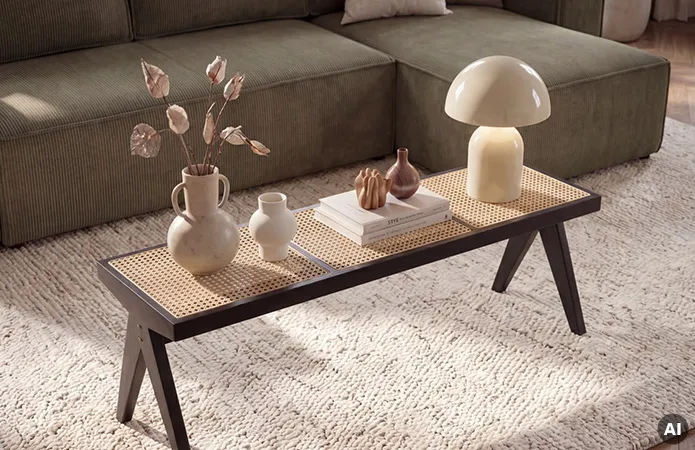 Schwarze kleine Bank mit Rattangeflecht-Ablage, beige Tischlampe und beige Vasen, beiger Teppich