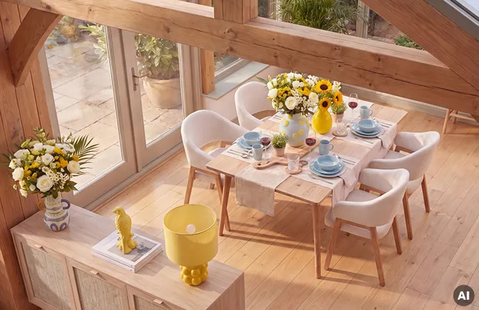 Großer Wintergarten mit Esstisch aus hellem Holz und weißen Stühlen mit Holzfüßen, hellblaues Geschirr, große Blumensträuße mit gelben und hellblauen Vasen, helle Holzkommode in Rattanoptik mit gelber Tischlampe und gelben Dekovogel