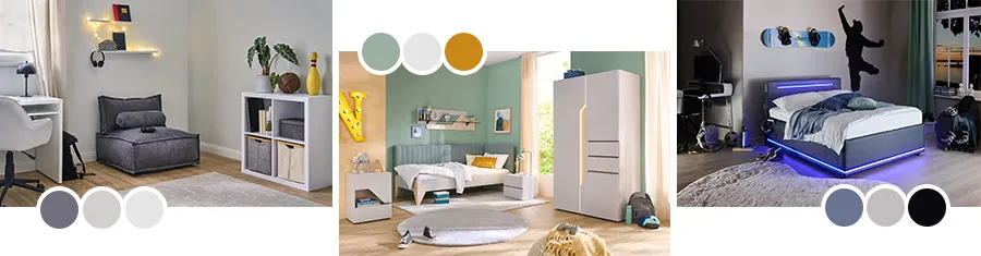 Bildcollage von drei verschiedenen Jugendzimmern in verschiedenen Farbkombis. Einmal schlicht in Weiß- und Grautönen, das zweite in warmen orange, mint und weiß, das dritte in dunklen Schwarz-und Blautönem und hellem Grau und LED-Beleuchtung