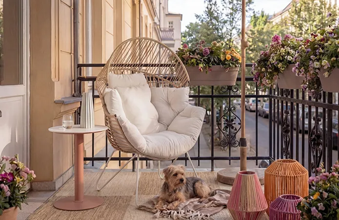 Nähere Aufnahme vom Loungesessel, Beistelltisch und bunten WIndlichtern, kleiner Hund liegt vor dem Sessel