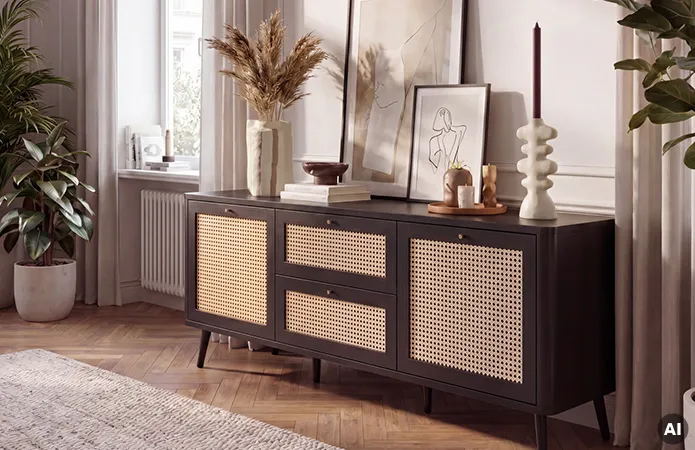 Schwarzes Lowboard mit Rattanfronten und beigen Vasen und künstlerischen Bildern in schwarzen Rahmen