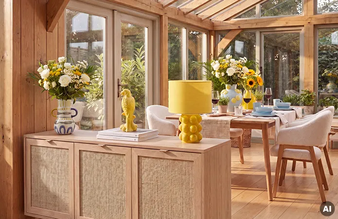 Großer Wintergarten mit Esstisch aus hellem Holz und weißen Stühlen mit Holzfüßen, hellblaues Geschirr, große Blumensträuße mit gelben und hellblauen Vasen, helle Holzkommode in Rattanoptik mit gelber Tischlampe und gelben Dekovogel