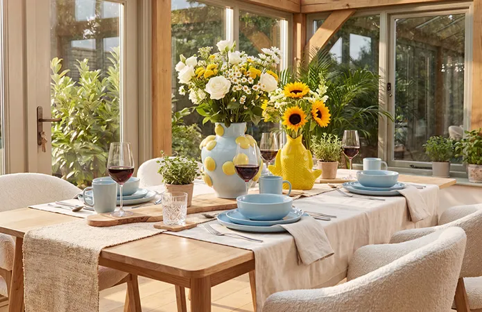 Nahaufnahme von Tischdeko mit blauem Geschirr, beigen Tischläufern, gelbe Fischvase und helblaue Vase mit gelben Punkten, große Blumensträuße