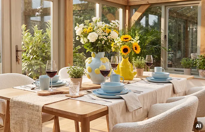 Nahaufnahme von Tischdeko mit blauem Geschirr, beigen Tischläufern, gelbe Fischvase und helblaue Vase mit gelben Punkten, große Blumensträuße