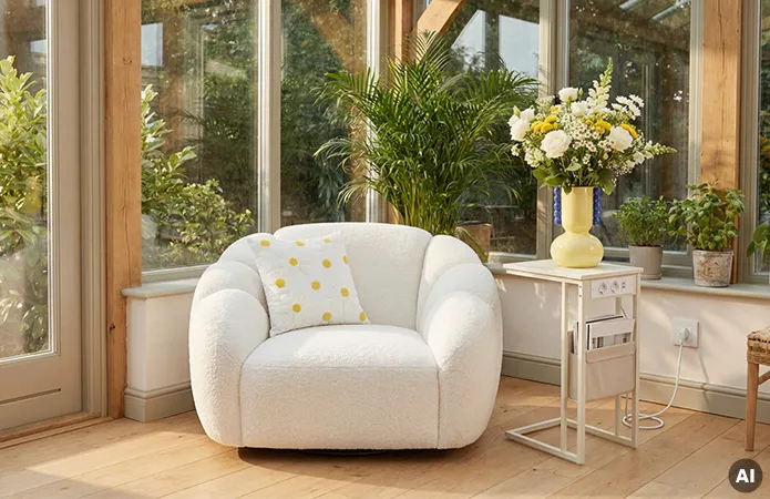 Weißer, runder Sessel mit Boucléstoff, daneben kleiner Beistelltisch in beige mit integrierten Stromsteckern, weißes Dekokissen mit Gänseblümchen und gelben Punkten, gelbe Vase mit Blumenstrauß