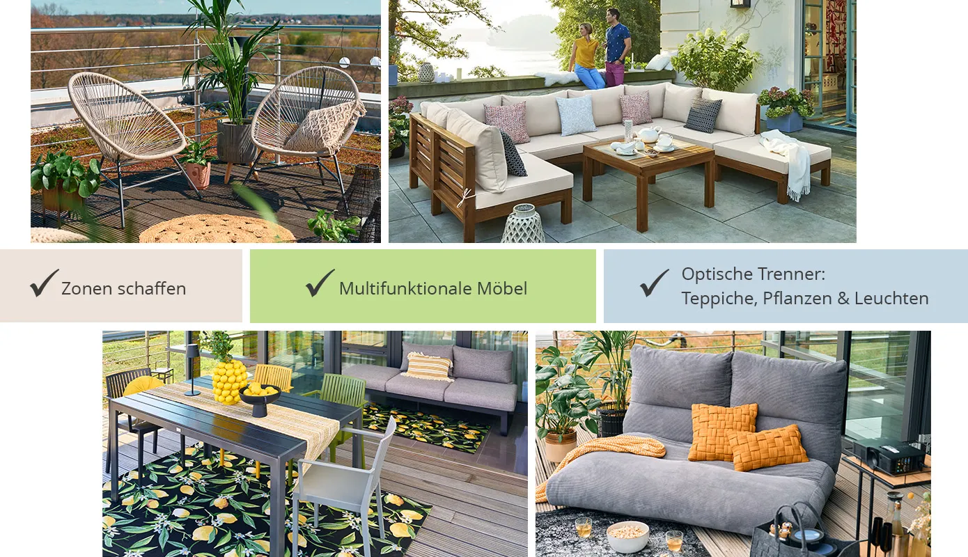 Bildcollage mit Sessel-und Sitzecken, Balkonguppen und Esstisch, Tipps: Zonen schaffen, multifunktionale Möbel, optische Trenner wie Teppiche, Pflanzen und Leuchten