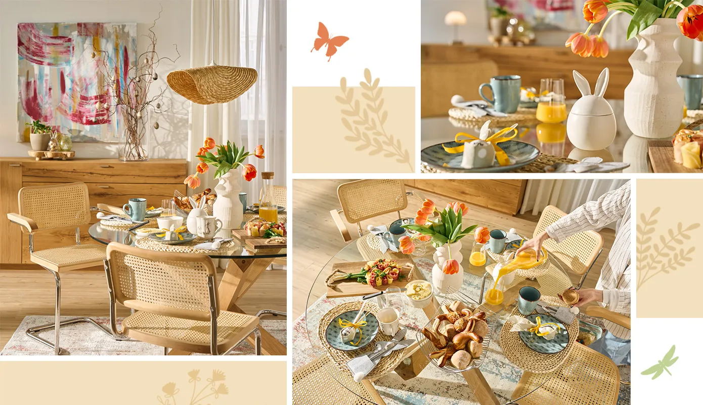 Bildcollage runder Glastisch mit Holzbeinen, Rattan-Schwingstühle mit Chrom-Gestell, weiße Keramikvase mit orangenen Tulpen, geflochtene Platzsets aus hellem Bambus, Hellblaues Geschirr, weiße Schalen und Holzbrett mit Auschnitt aus Käse, Salami und Lauch als Blumenstrauss geformt