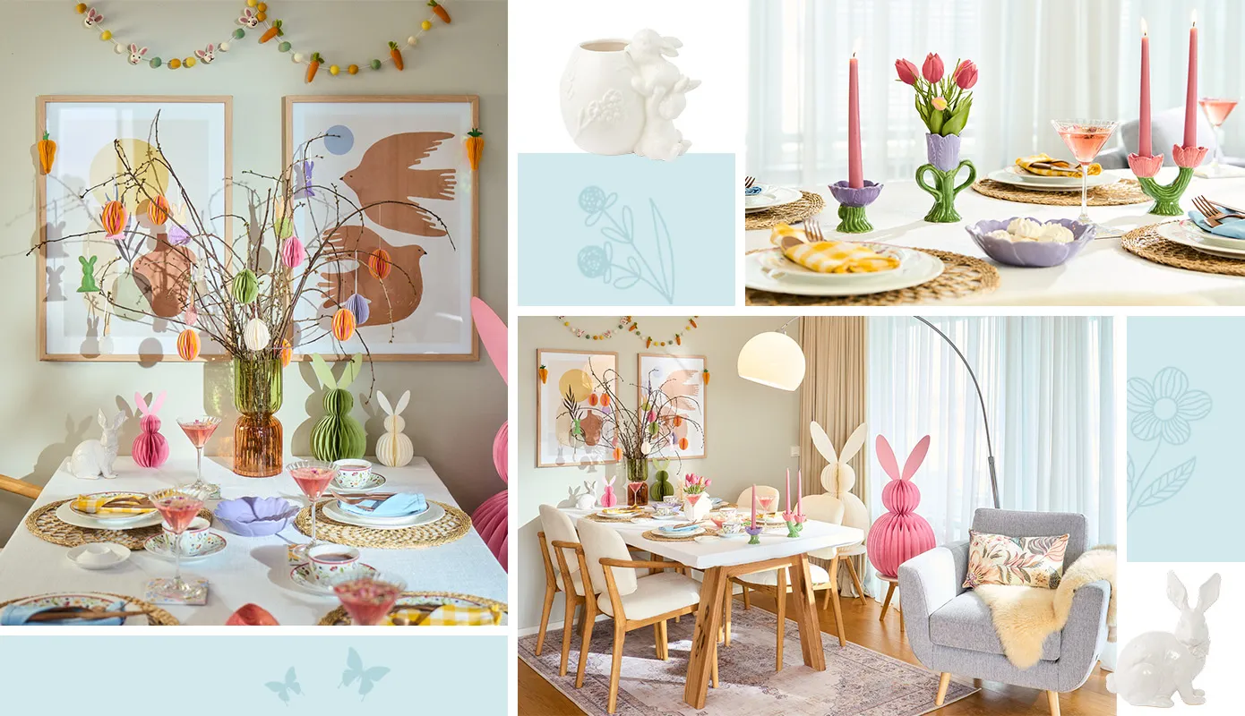 Bildcollage rechteckiger Esstisch mit weißer Tischdecke und massiven Holzfüßen, Polsterstühle in Weiß mit Holzfüßen, große und kleine Deko-Papierosterhasen in Wabenoptik, Äste mit Eier-und Osterhastenanhänger aus Papier in Pastelltönen, geflochtene runde Platzsets, blumiges Geschirr, Kerzenständer in Tulpenform und Pastellfarben, Dekoschalen in Pastell