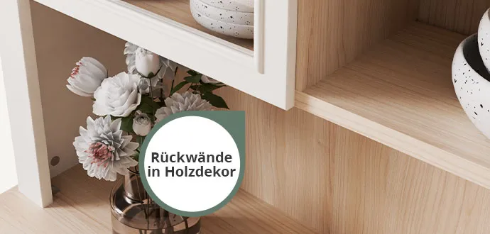 Detailaufnahme Buffet Countryside mit Hinweistext: Rückwände in Holzdekor