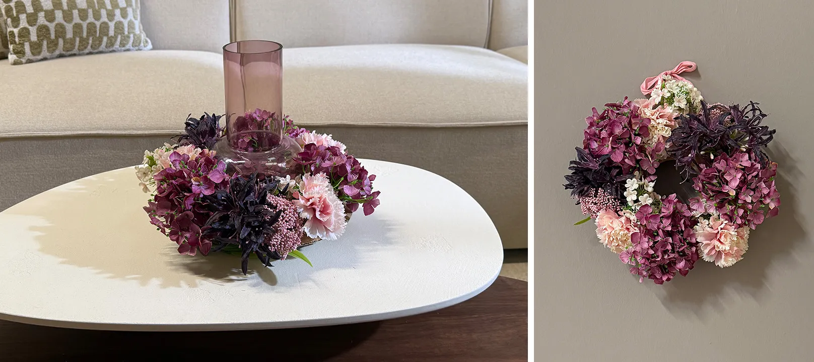 Trockenblumenkranz in Lilatönen als Tischdeko mit Vase oder an der Wand