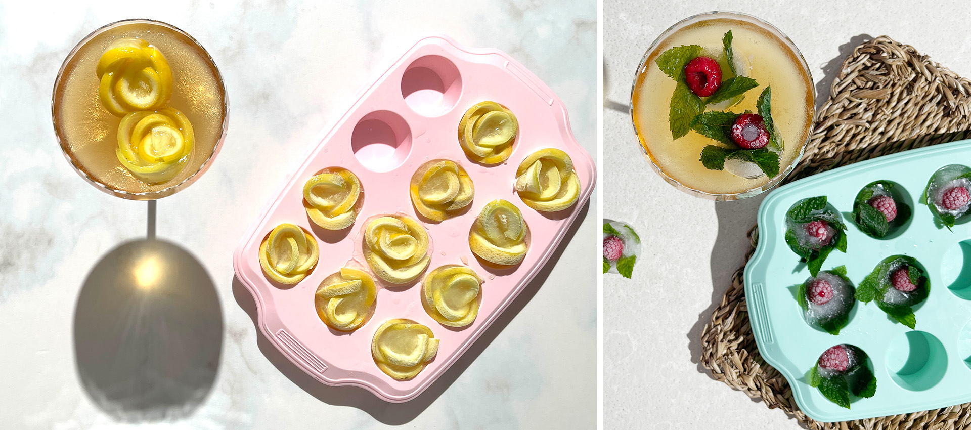 Eiswürfel einmal mit Zitronen und einmal mit Minze und Himbeeren