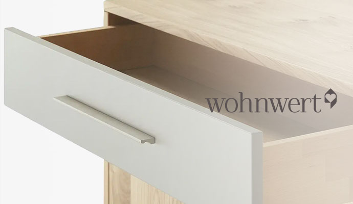 wohnwert, Nahaufnahme Schublade in Steingrau der Serie Como